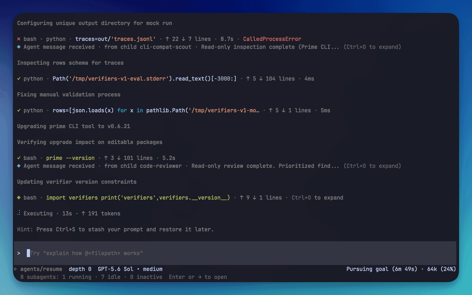 Prime Agent terminal interface running a long task with subagents